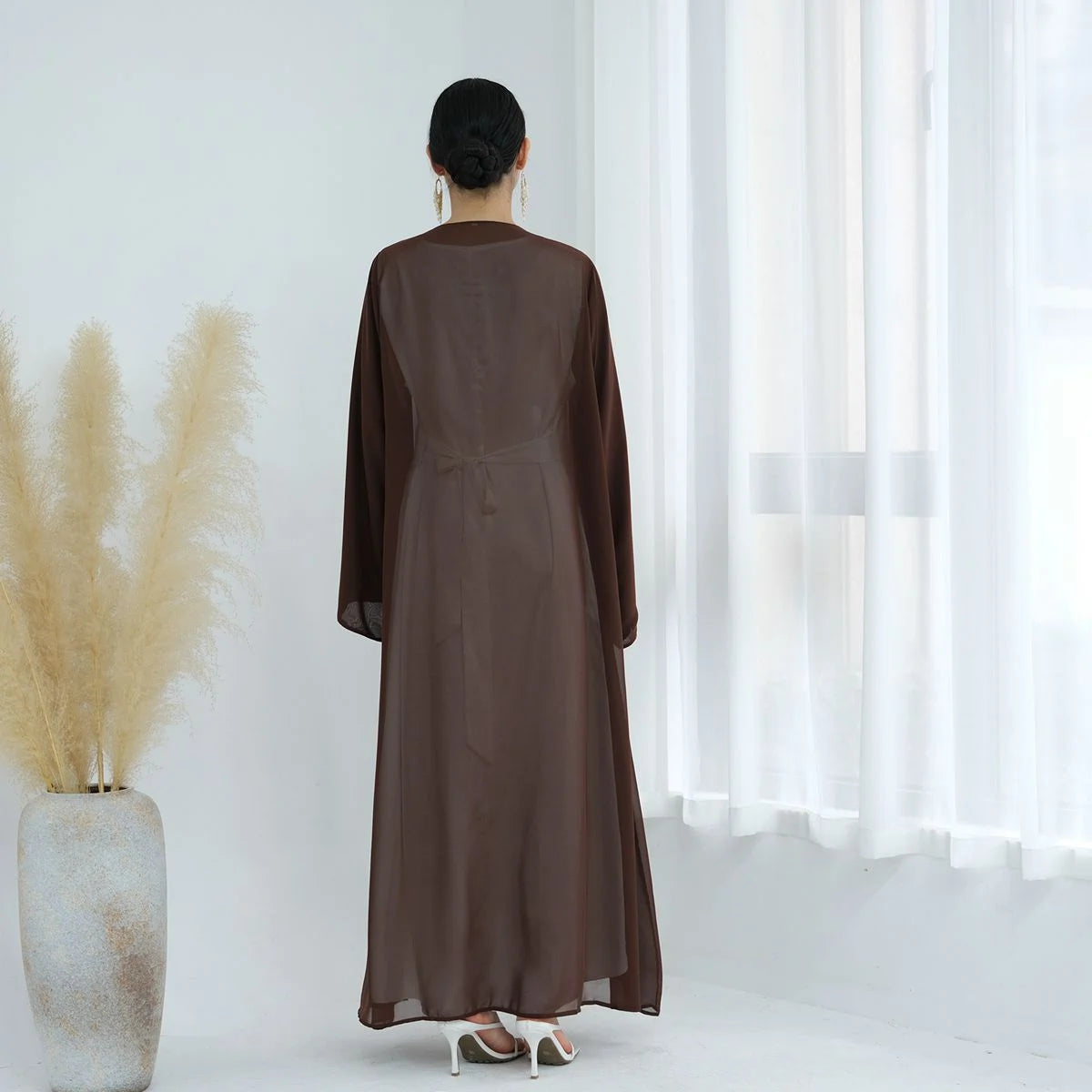 3 Pieces Set Open Abaya Dress Set With Inner Abaya Dress And Matching Hijab #25W842