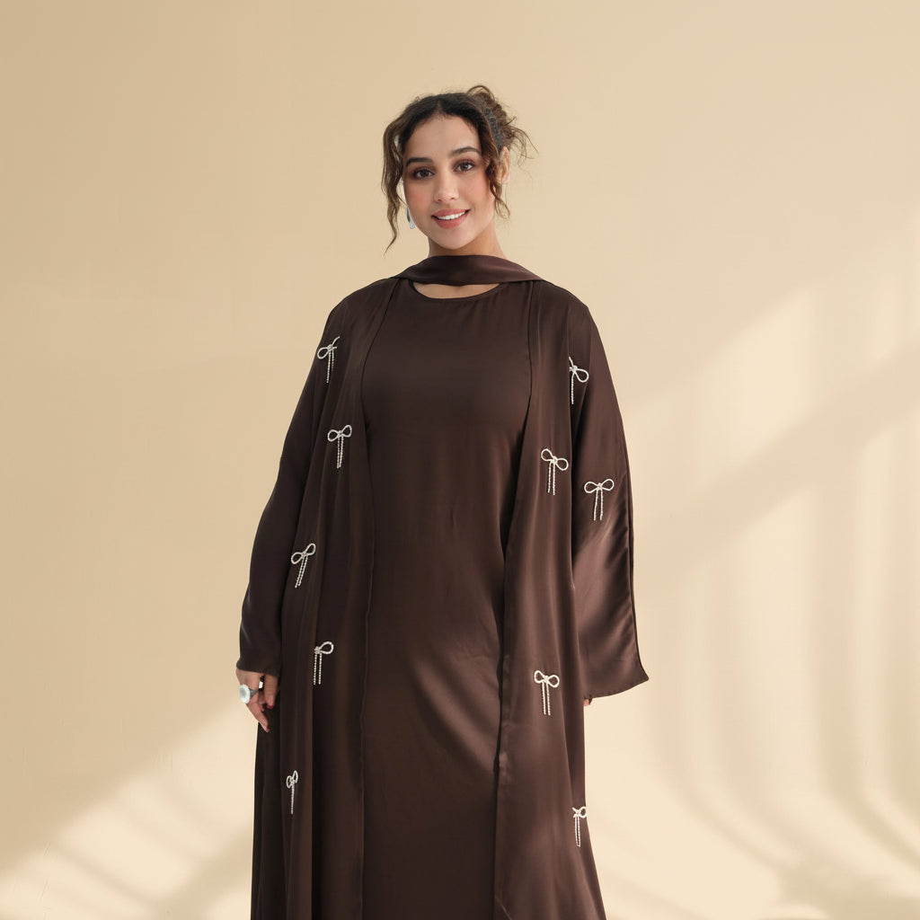 2 Pieces Set Hot-fix Rhinestone Bows Open Abaya Dress - With Inner Sleeveless Abaya Dress - #261181