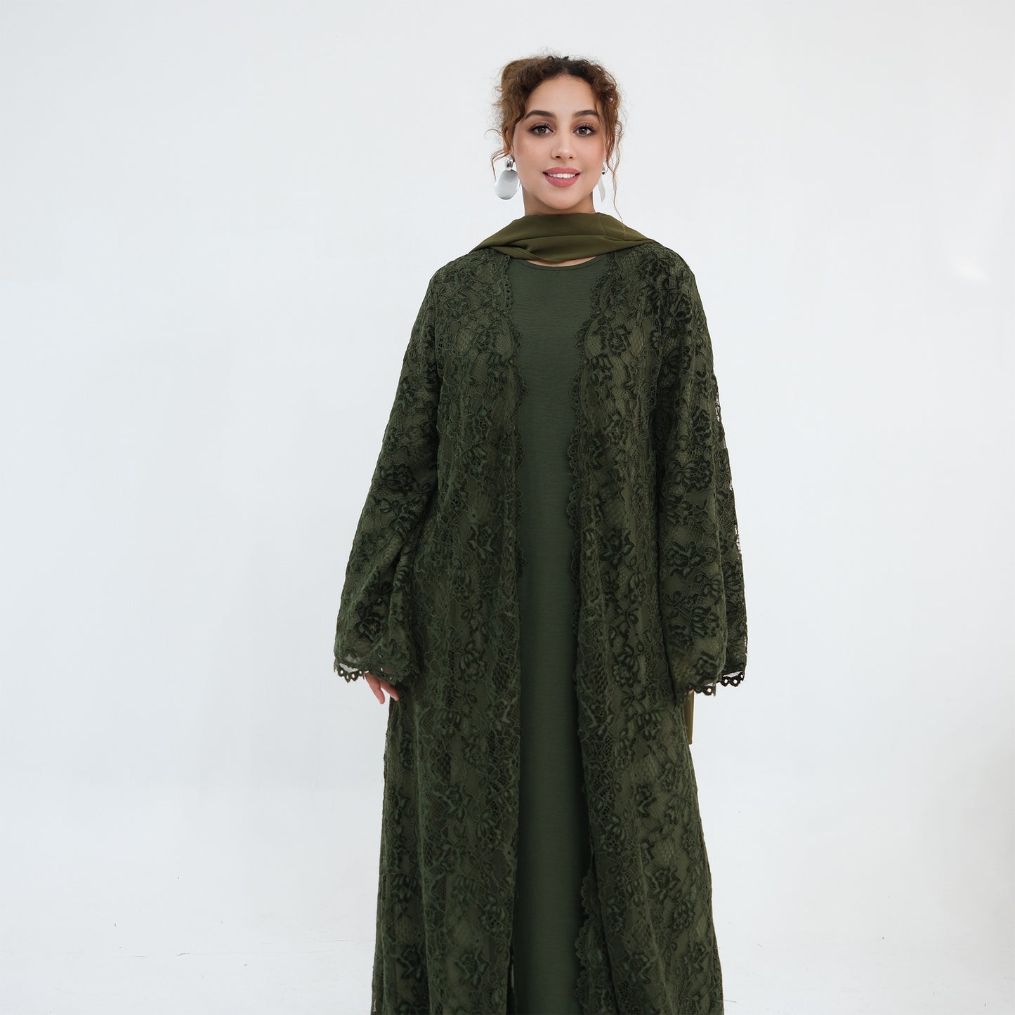 Double-layer Lace Fabric Open Abaya Dress - Black/Coffee/Army Green - #261276