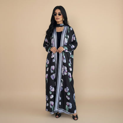 Muslim Women Printed Open Abaya Dress - With A Matching Hijab - Black/White - #26M290