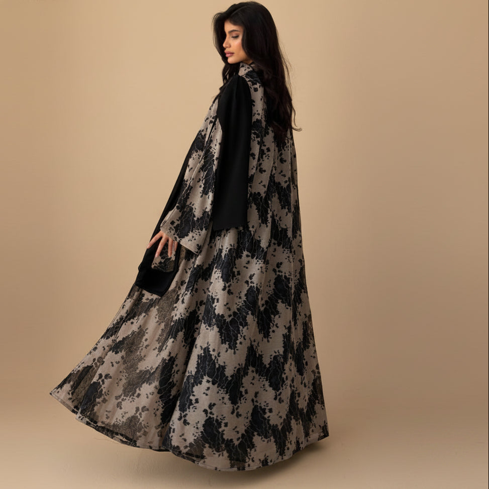 Muslim Women Cardigan Open Abaya Dress With A Matching Hijab - Black - #26M300