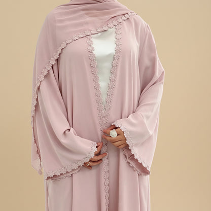 Lace Patchwork Nida Open Abaya Dress With A Matching Hijab - #261173