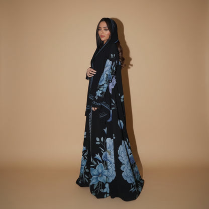 Muslim Women Printed Open Abaya Dress - With A Matching Hijab - Blue - #26M280