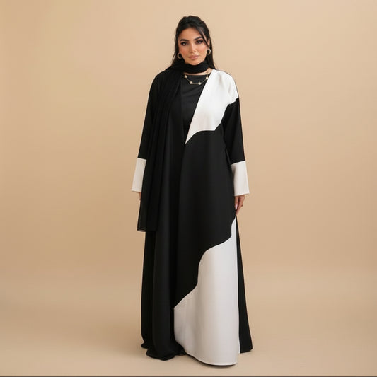 Muslim Women Black and White Patchwork Cardigan Open Abaya Dress #26M285