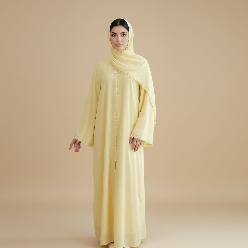 Lace Patchwork Nida Open Abaya Dress With A Matching Hijab - #261173