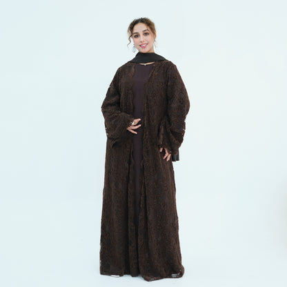 Double-layer Lace Fabric Open Abaya Dress - Black/Coffee/Army Green - #261276