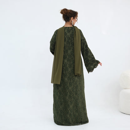 Double-layer Lace Fabric Open Abaya Dress - Black/Coffee/Army Green - #261276