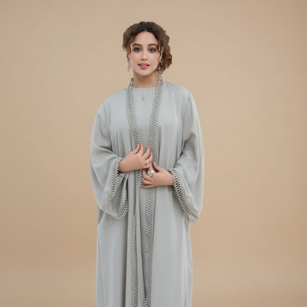 3D Floral Lace 2 Pieces Set Open Abaya Dress Set - With Inner Sleeveless Abaya Dress - #261182