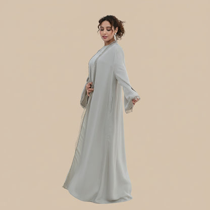 3D Floral Lace 2 Pieces Set Open Abaya Dress Set - With Inner Sleeveless Abaya Dress - #261182