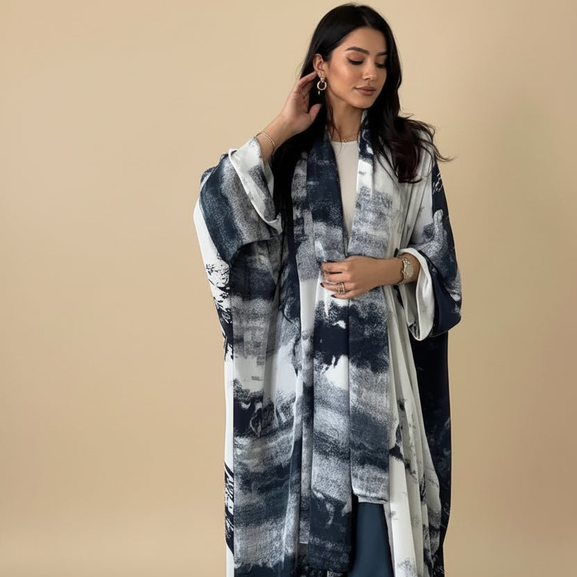 Chiffon Printed Cardigan Open Abaya Dress With Matching Hijab #25228