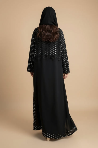 Muslim Women Lace Polka Dot Open Abaya Dress With Matching Hijab #26260