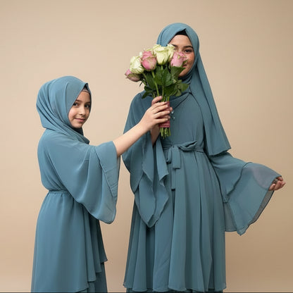3 Layers Chiffon Muslim Mother And Daughter Girl Matching Open Abaya Dress With Hijab Scarf