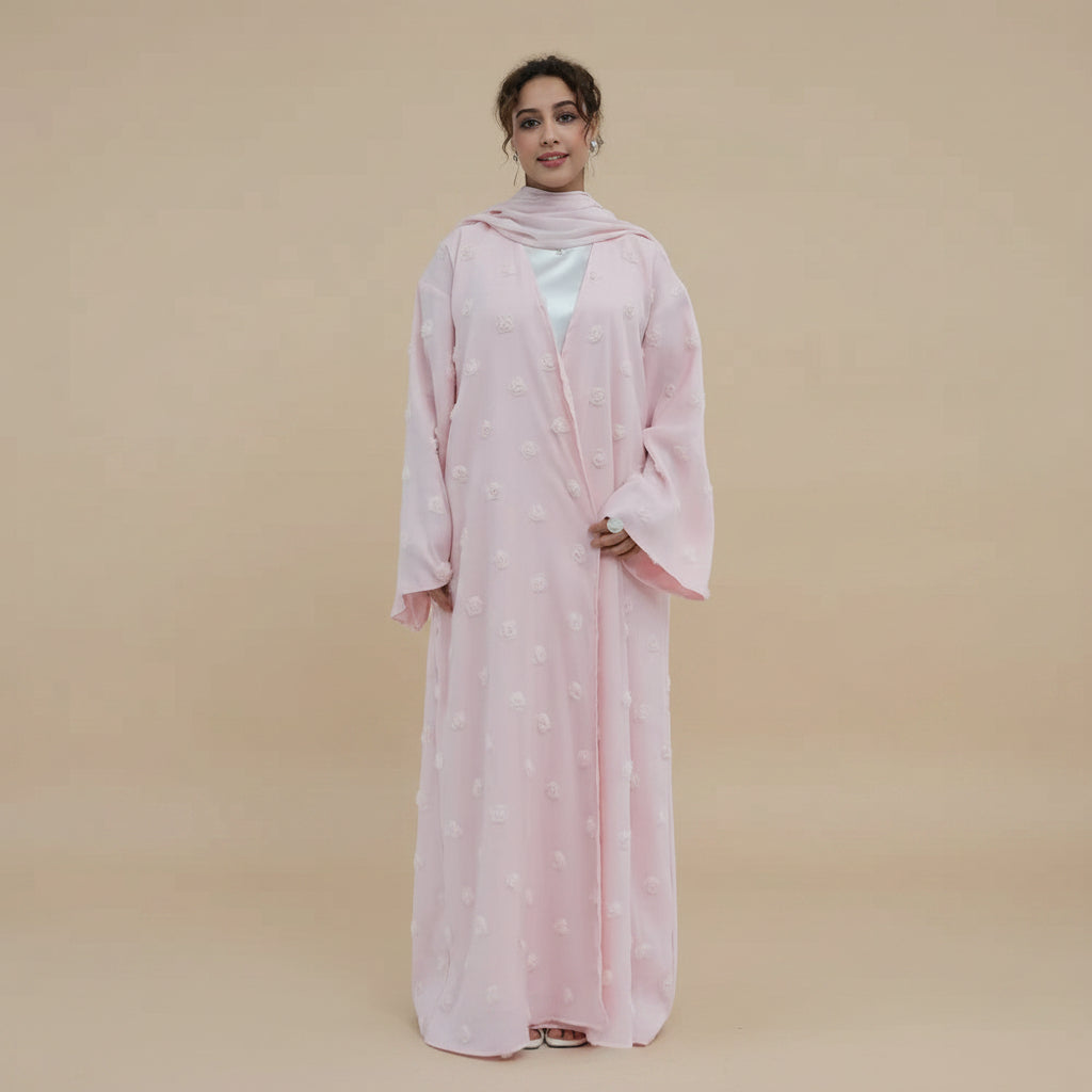 Muslim Women 3D Floral Embellishments Double Layers Open Abaya Dress With Hijab #261187