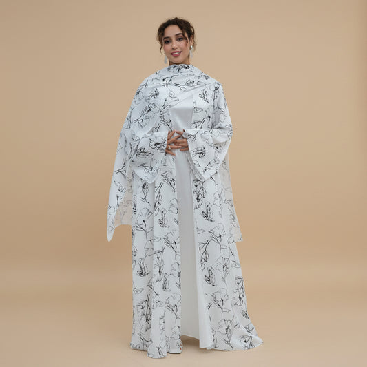 Satin Printed Open Abaya Dress For Women - Lining optional - With A Matching Hijab - #261304