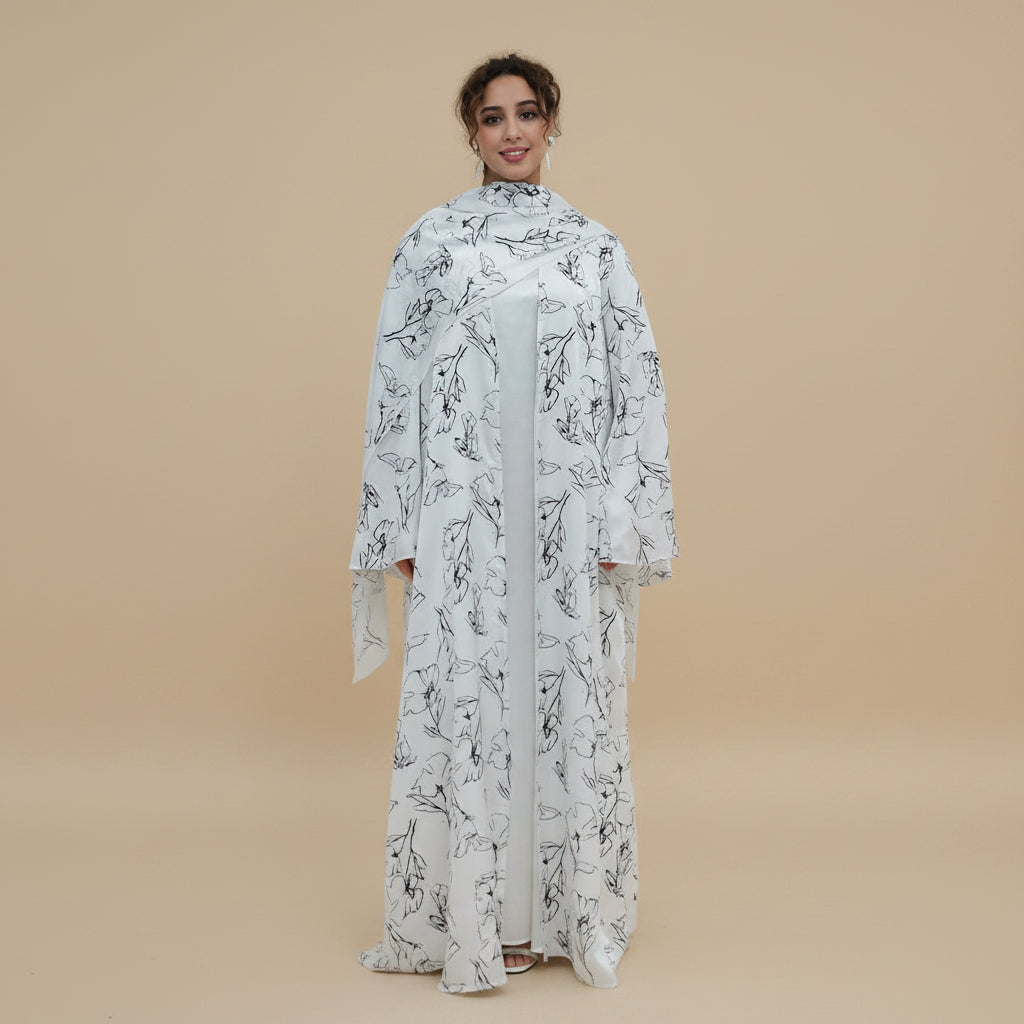 Satin Printed Open Abaya Dress For Women - Lining optional - With A Matching Hijab - #261304