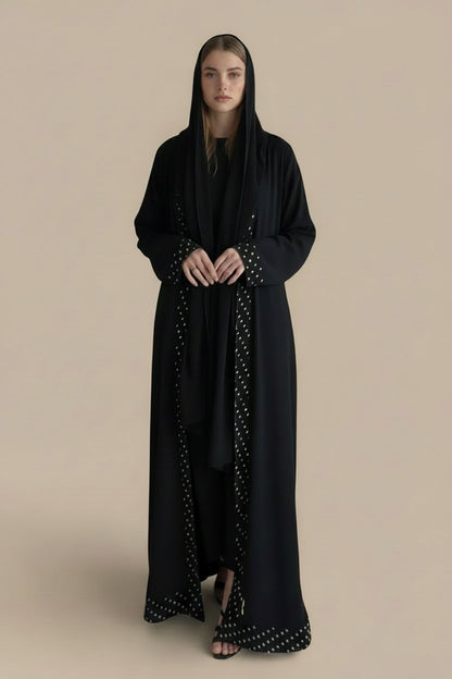Muslim Women Lace Polka Dot Open Abaya Dress With Matching Hijab #26260