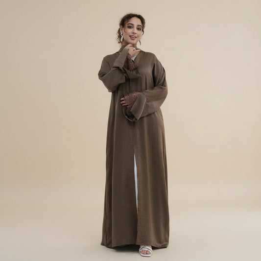 Lace Cuff Open Abaya Dress - For Muslim Women - Black/Coffee/Khaki - #261181