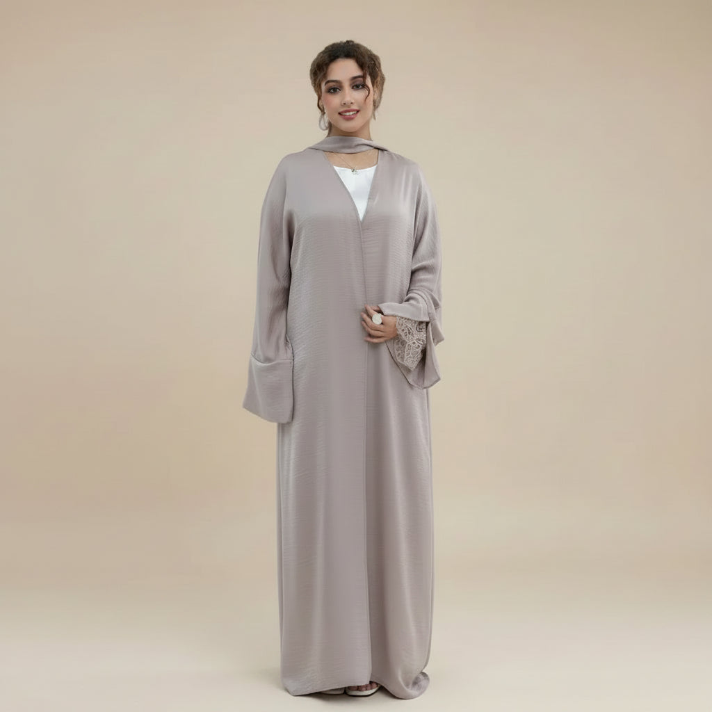 Lace Cuff Open Abaya Dress - For Muslim Women - Black/Coffee/Khaki - #261181