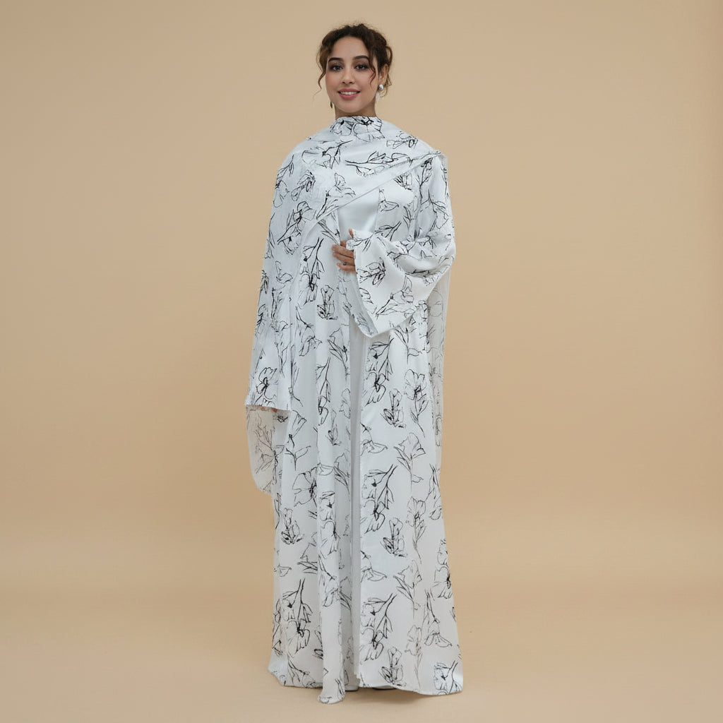 Satin Printed Open Abaya Dress For Women - Lining optional - With A Matching Hijab - #261304
