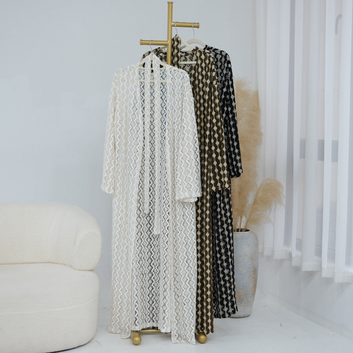 Lace Knitting Openwork Flower Lace Open Abaya Dress - For Muslim Women - #261307