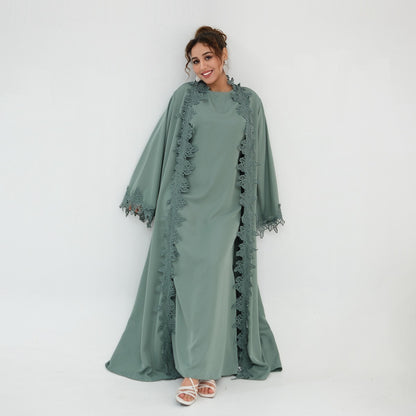 Muslim Women 3D Lace Trimming Open Abaya Dress Set - With Inner Sleeveless Dress - Nida - #261184