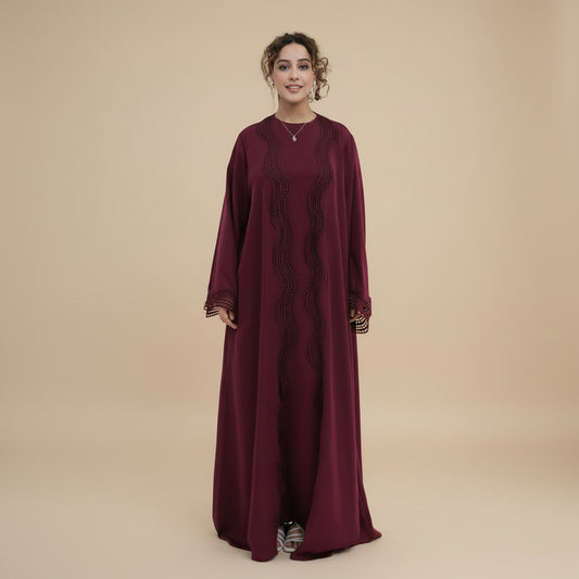 2 Pieces Set Ruffle-trimmed Open Abaya Dress - With Inner Sleeveless Abaya Dress - #26985