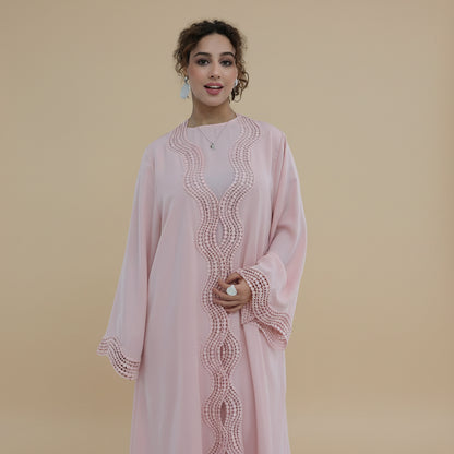 2 Pieces Set Ruffle-trimmed Open Abaya Dress - With Inner Sleevelesss Abaya Dress - #261181