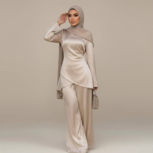 Muslim Women Daily Wear Satin 2 Pieces Tops And Pants Suit Set #261342