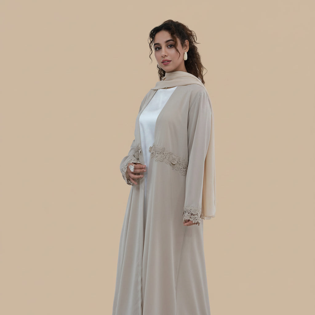 Muslim Women 3D Floral Embroidered Patchwork Nida Open Abaya Dress With A Matching Hijab #261352