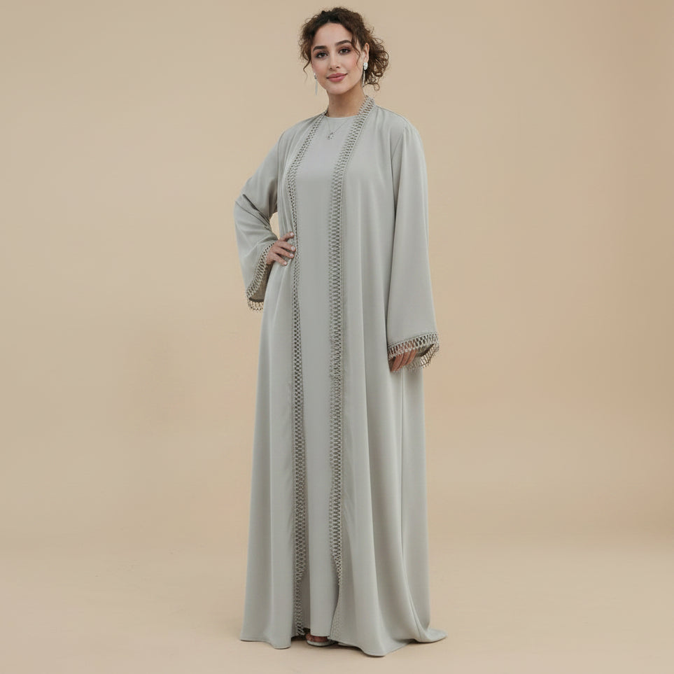 3D Floral Lace 2 Pieces Set Open Abaya Dress Set - With Inner Sleeveless Abaya Dress - #261182