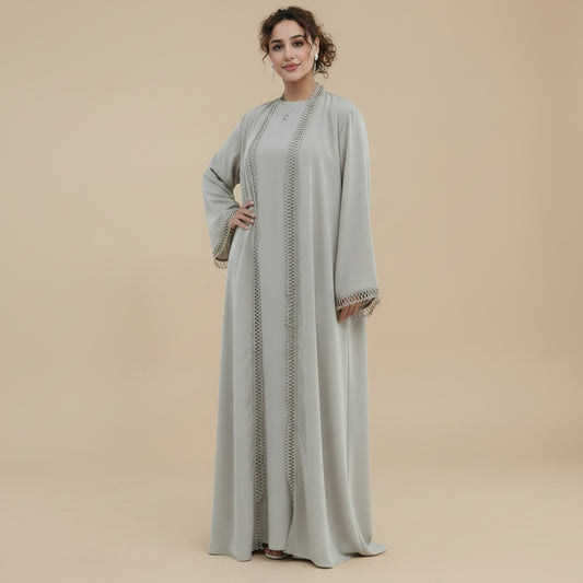 3D Floral Lace 2 Pieces Set Open Abaya Dress Set - With Inner Sleeveless Abaya Dress - #261182
