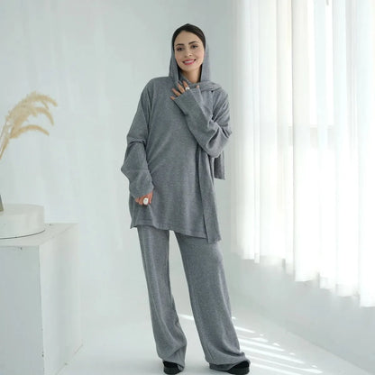 Winter Fall Muslim Women Knitted 2 Pieces Set Tops And Pants Suit Set #25W001