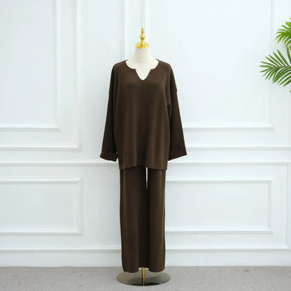 Winter Fall Muslim Women Thick Knitted 2 Pieces Set Tops And Pants Suit Set #25W006