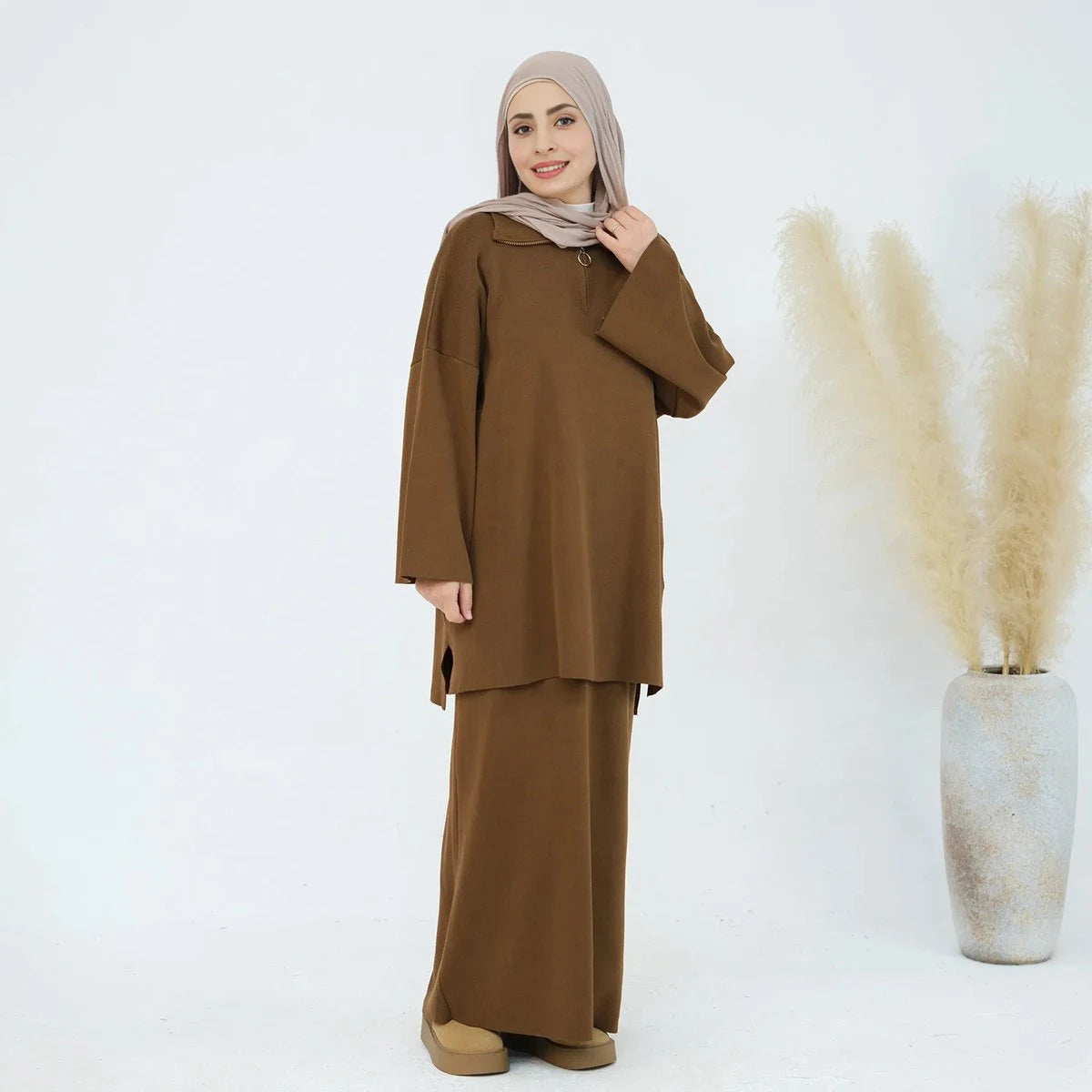 Winter Fall Muslim Women Thick Knitted 2 Pieces Set Tops And Skirt Suit Set #25929