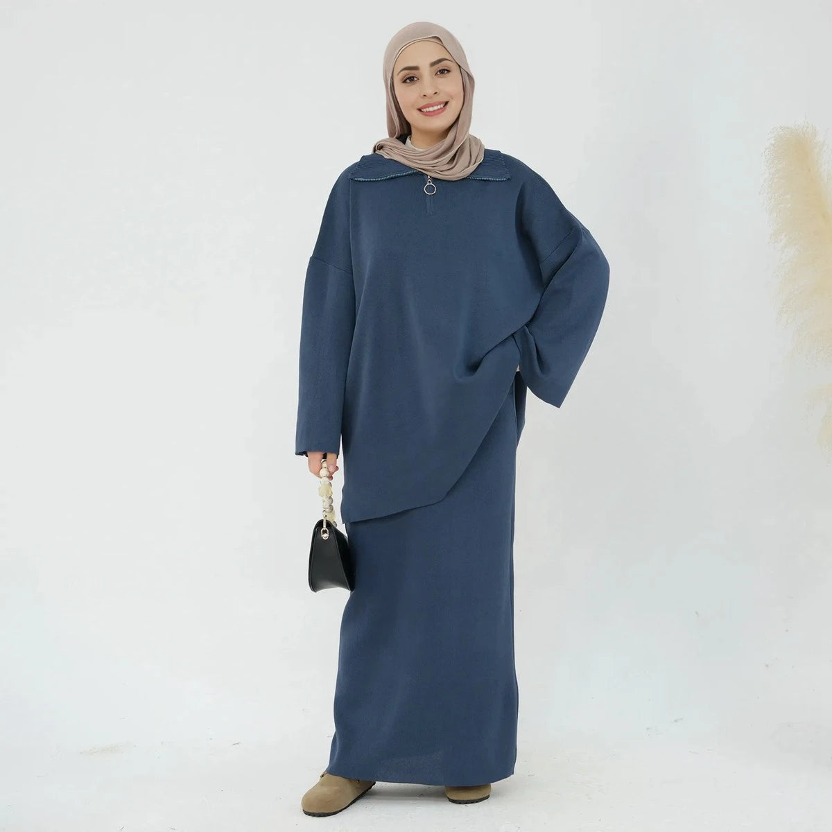 Winter Fall Muslim Women Thick Knitted 2 Pieces Set Tops And Skirt Suit Set #25929