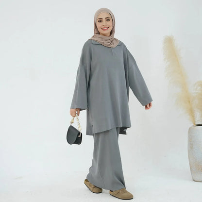 Winter Fall Muslim Women Thick Knitted 2 Pieces Set Tops And Skirt Suit Set #25929