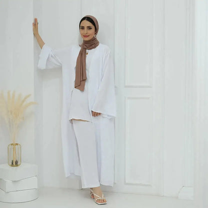 طقم 3 قطع، يتكون من بلوزة بدون أكمام وبنطلون وبدلة مع عباية مفتوحة للنساء المسلمات