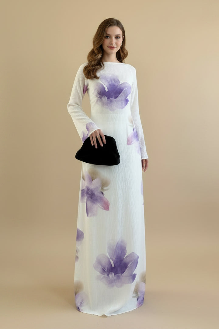 Muslim Women Printed Wrinkle Abaya Dress With Inner Belt #261358