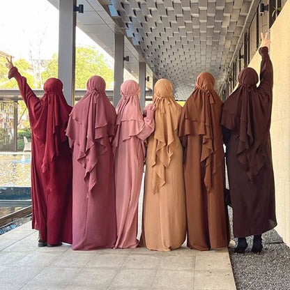 2 Pieces Set Jilbab Robe Prayer Dress With Two Layers Khimar For Arab Women