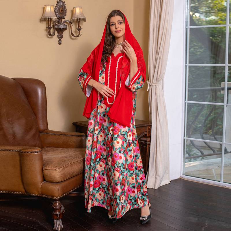 Ramadan Eid Caftan Hotfix Rhinestones Women Kaftan Dress Jalabiya With Hijab Scarf