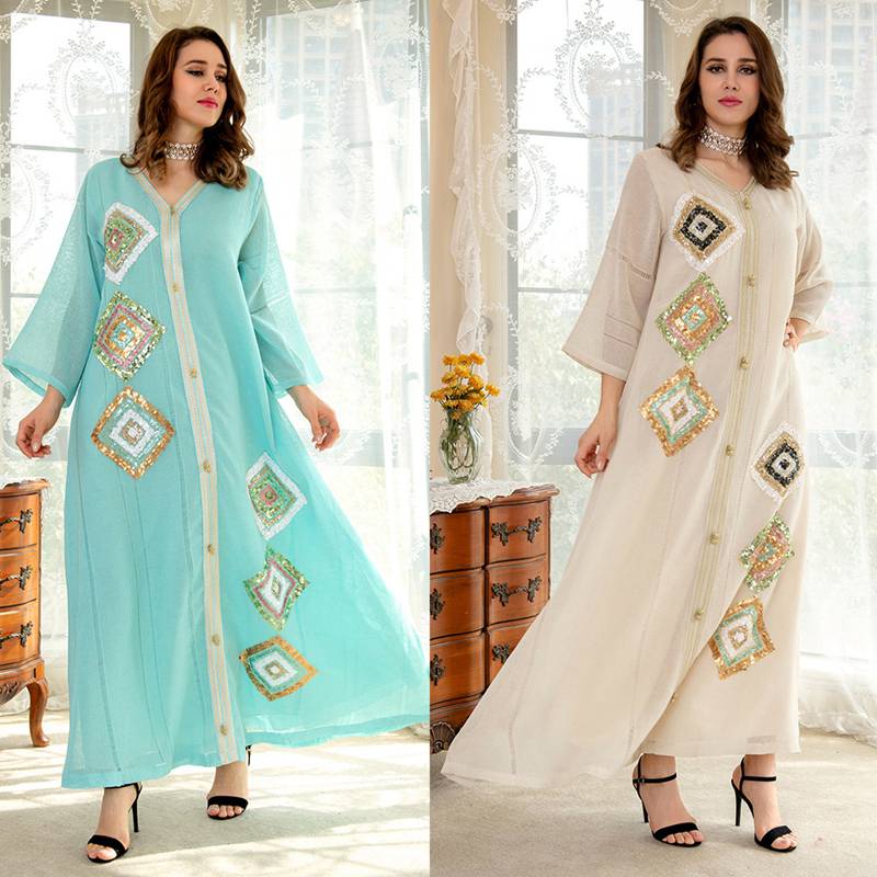 Eid Arab Women Kaftan Dress With Embroidered And Sequins