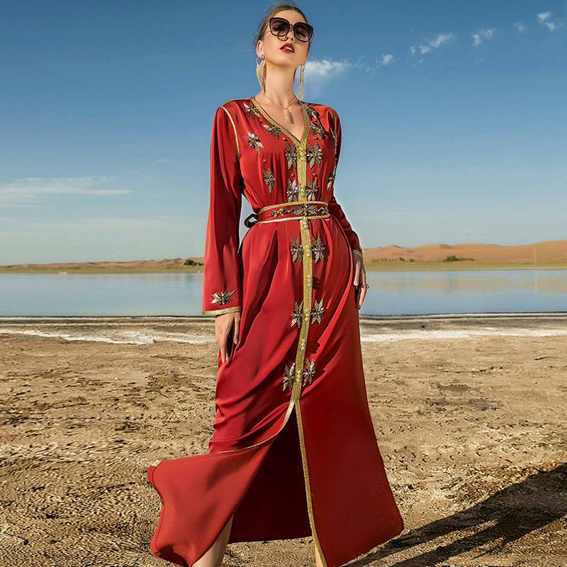 Eid Dress Arab Dubai Hand-stitched Rhinestones Kaftan Dress For Women