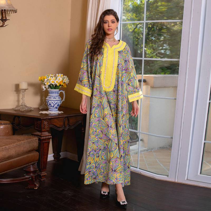 Ramadan Eid Caftan Hotfix Rhinestones Women Kaftan Dress Jalabiya With Hijab Scarf