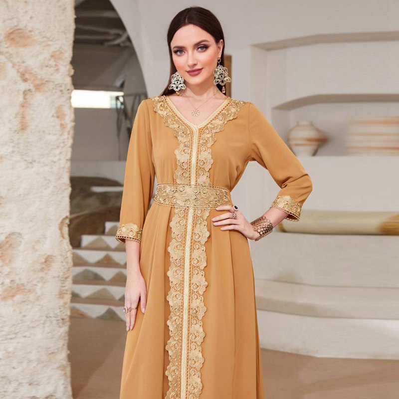 Middle East Vintage Elegant Women Caftan Kaftan Dress With Lace Embroidered