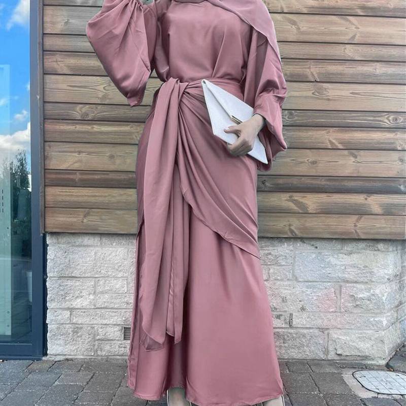 Muslim Women Satin Abaya Dress With Midi Wrap