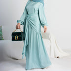 Muslim Women Satin Abaya Dress With Midi Wrap