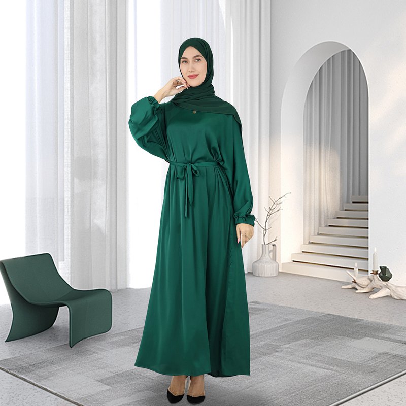 Satin Solid Color Abaya Dress With Belt For Muslim Women
