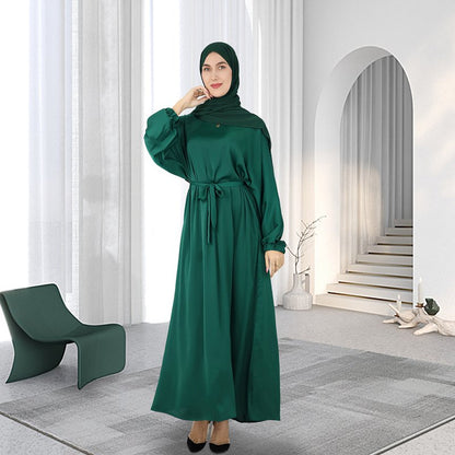 Satin Solid Color Abaya Dress With Belt For Muslim Women