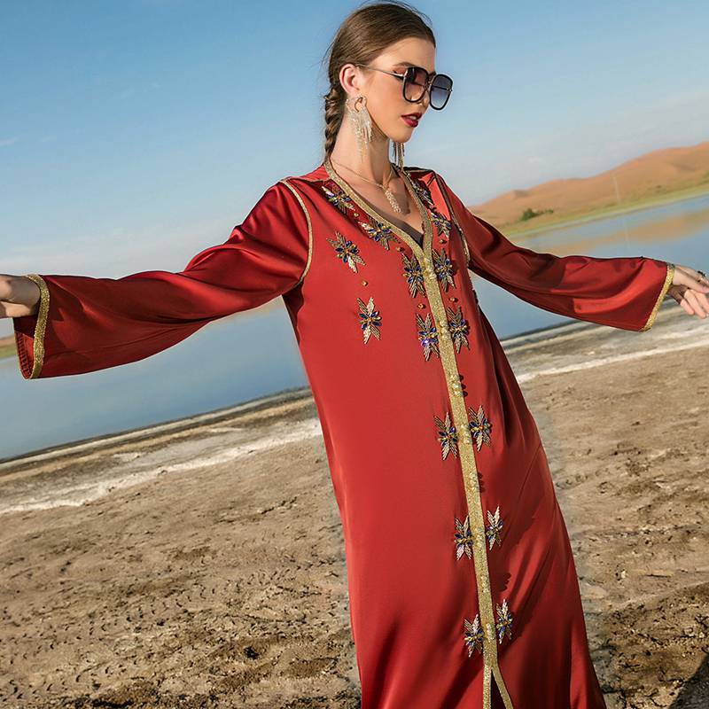 Eid Dress Arab Dubai Hand-stitched Rhinestones Kaftan Dress For Women