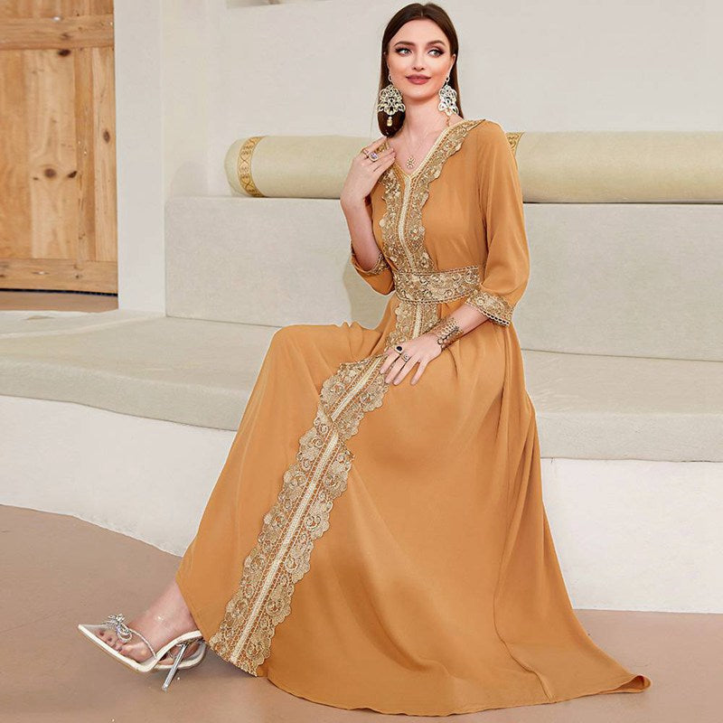 Middle East Vintage Elegant Women Caftan Kaftan Dress With Lace Embroidered